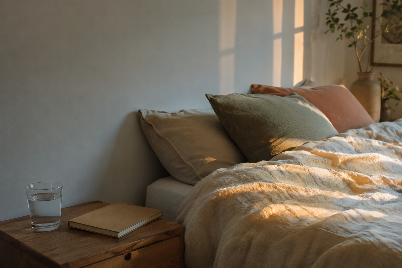 Leeg bed in warm ochtendlicht met een glas water en slaapdagboek op het nachtkastje.