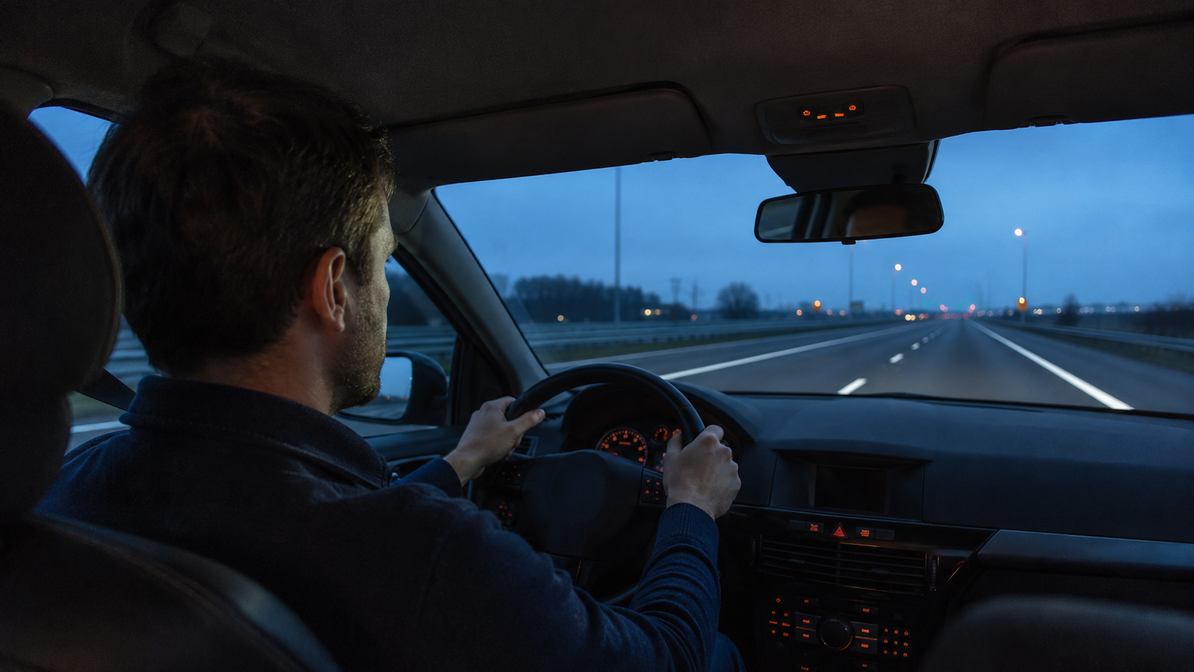 Vermoeide bestuurder rijdt tijdens de vroege ochtend recht vooruit over een rustige snelweg.