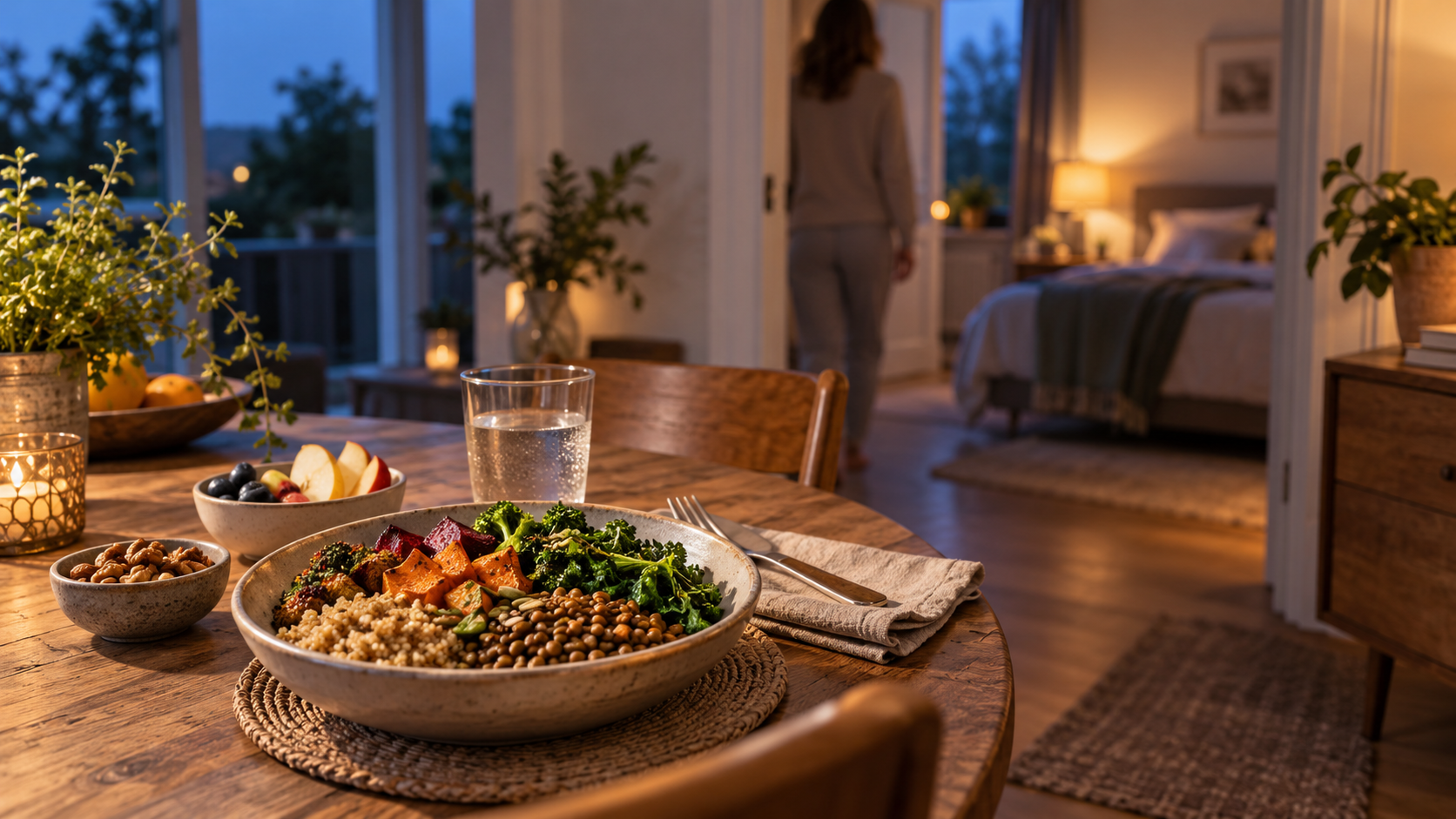 Vezelrijke maaltijd met volkoren granen, peulvruchten, groenten, fruit en noten, met een rustige slaapkamer op de achtergrond.