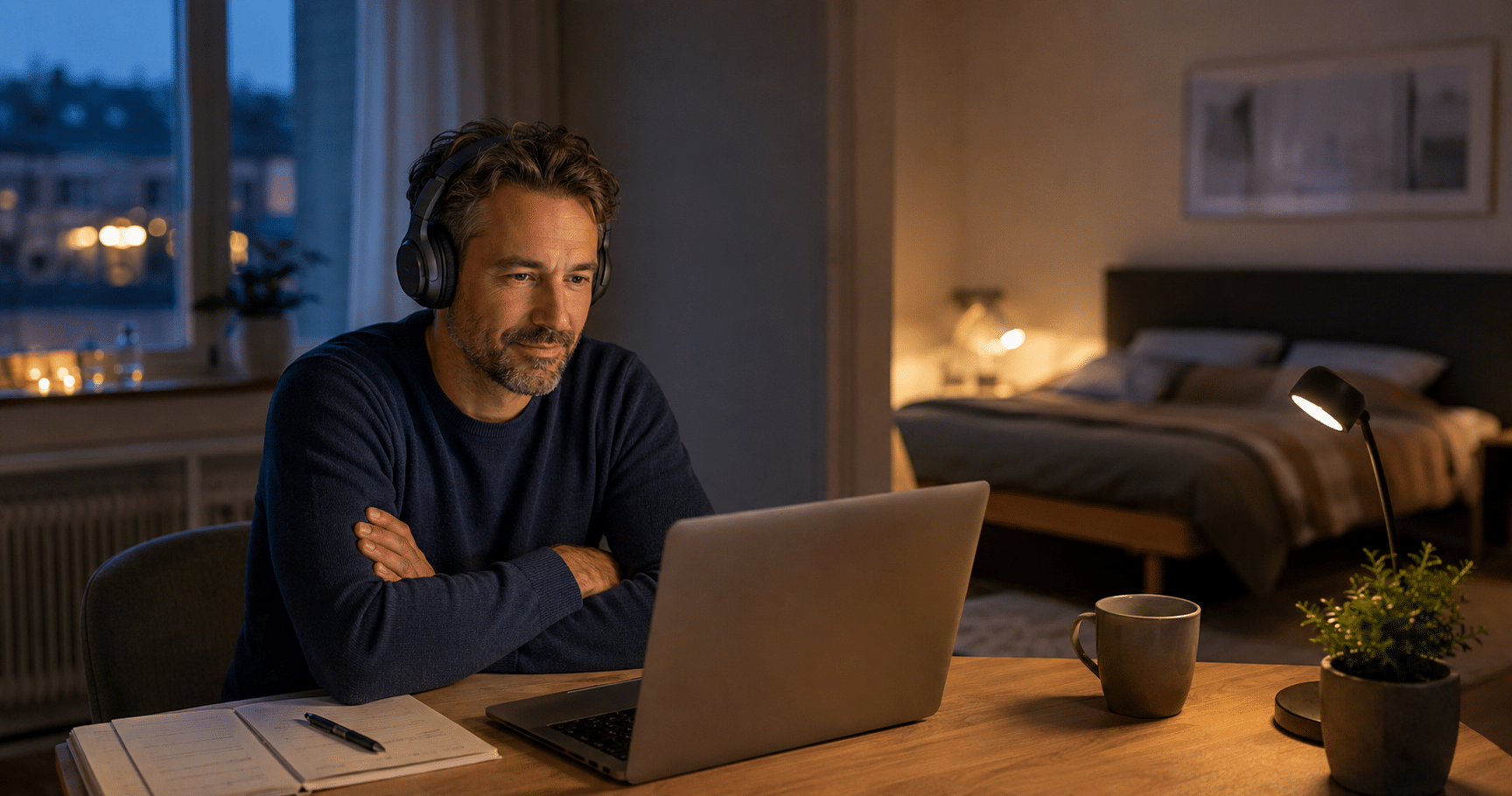 Volwassene volgt thuis via een laptop digitale cognitieve gedragstherapie voor slapeloosheid.