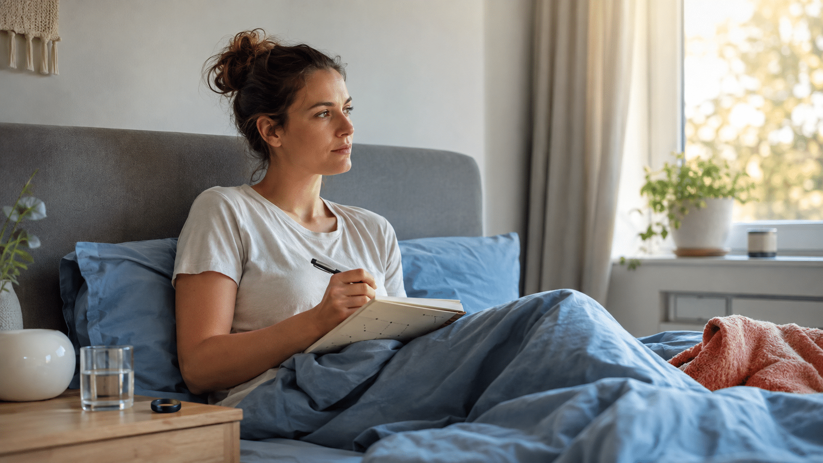 Vrouw houdt in bed een slaapdagboek bij om veranderingen in haar slaap rond de menstruatiecyclus te herkennen.