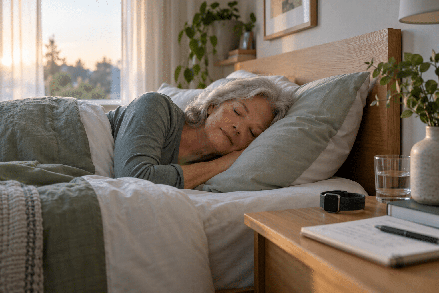 Oudere vrouw slaapt in een rustige slaapkamer, met een smartwatch en slaapdagboek op het nachtkastje.