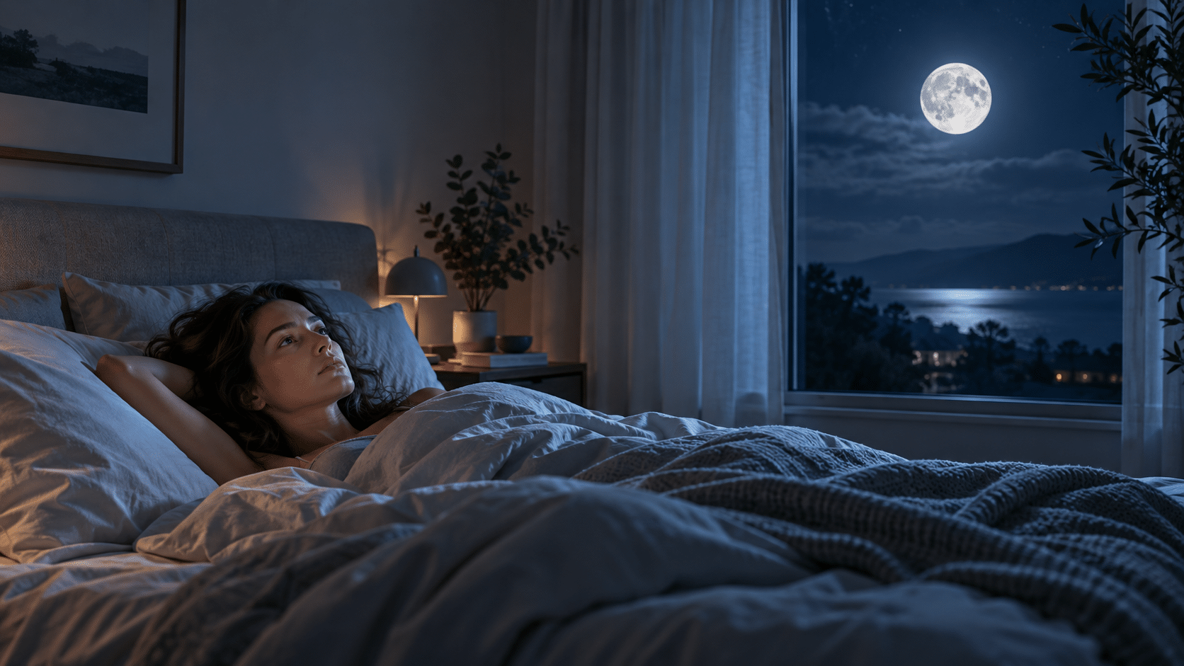 Vrouw ligt wakker in bed tijdens een nacht met volle maan