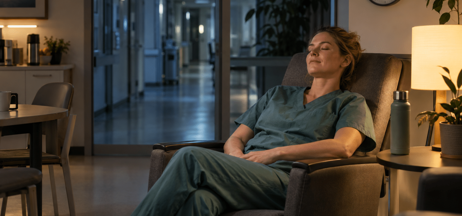 Zorgmedewerker rust tijdens een geplande pauze in een ziekenhuis gedurende de nachtdienst.