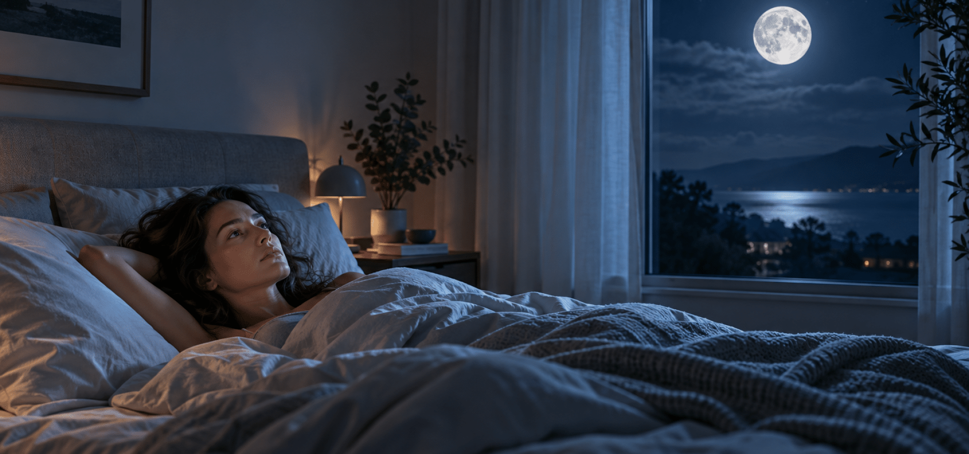 Vrouw ligt wakker in bed tijdens een nacht met volle maan