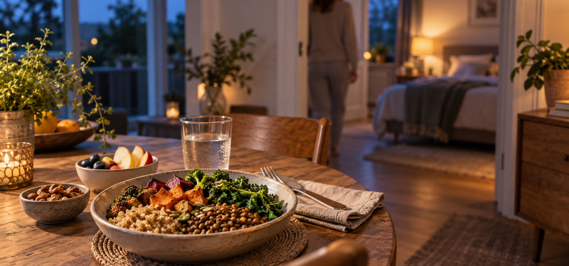 Vezelrijke maaltijd met volkoren granen, peulvruchten, groenten, fruit en noten, met een rustige slaapkamer op de achtergrond.