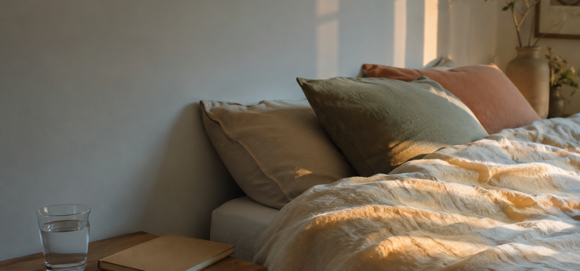 Leeg bed in warm ochtendlicht met een glas water en slaapdagboek op het nachtkastje.