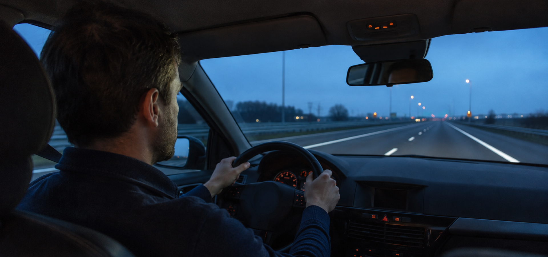 Vermoeide bestuurder rijdt tijdens de vroege ochtend recht vooruit over een rustige snelweg.