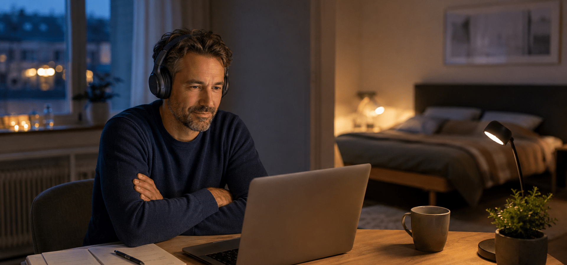 Volwassene volgt thuis via een laptop digitale cognitieve gedragstherapie voor slapeloosheid.