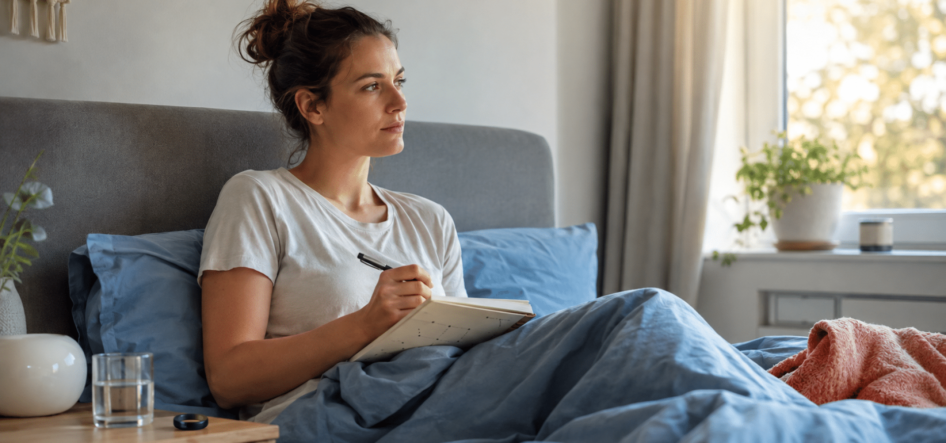 Vrouw houdt in bed een slaapdagboek bij om veranderingen in haar slaap rond de menstruatiecyclus te herkennen.