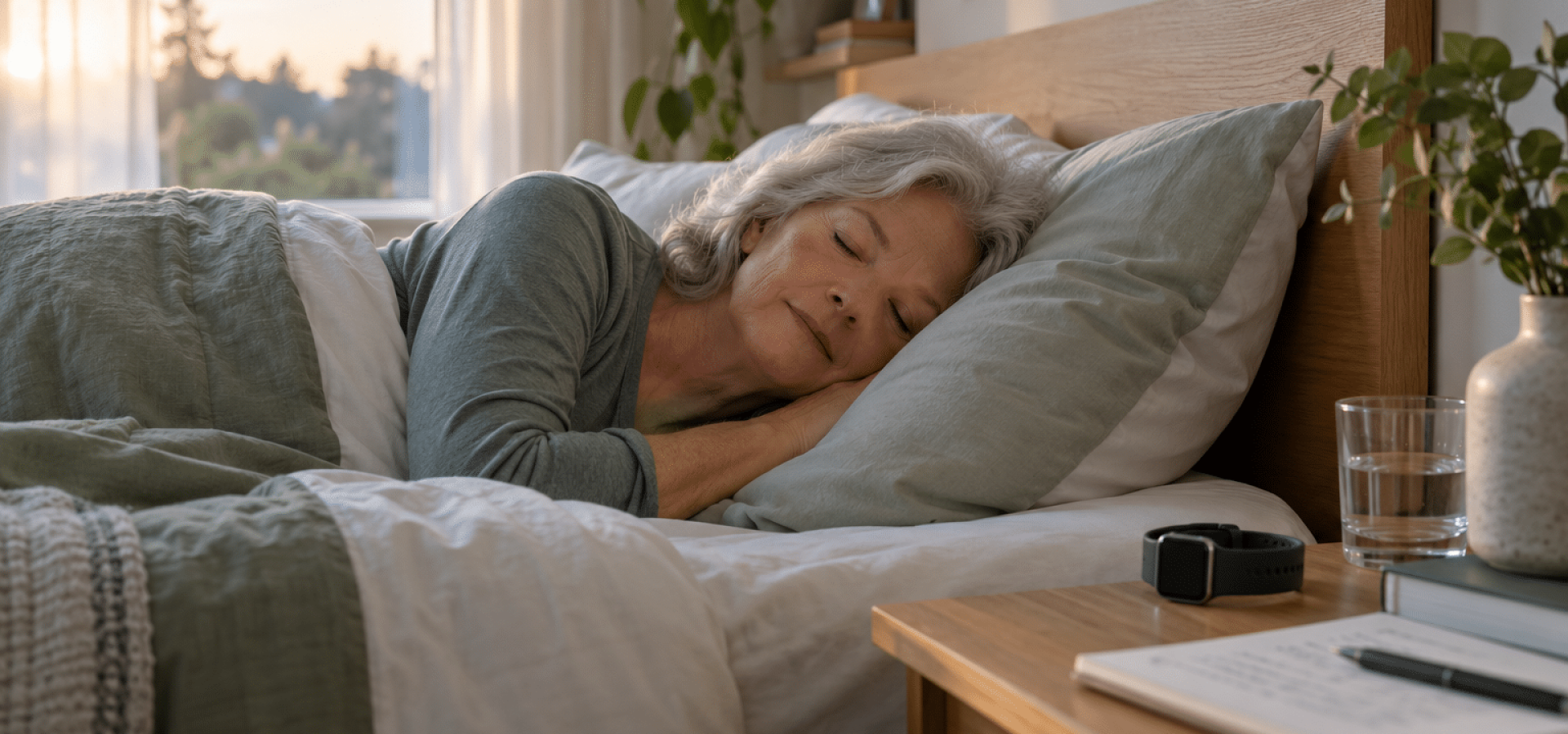 Oudere vrouw slaapt in een rustige slaapkamer, met een smartwatch en slaapdagboek op het nachtkastje.