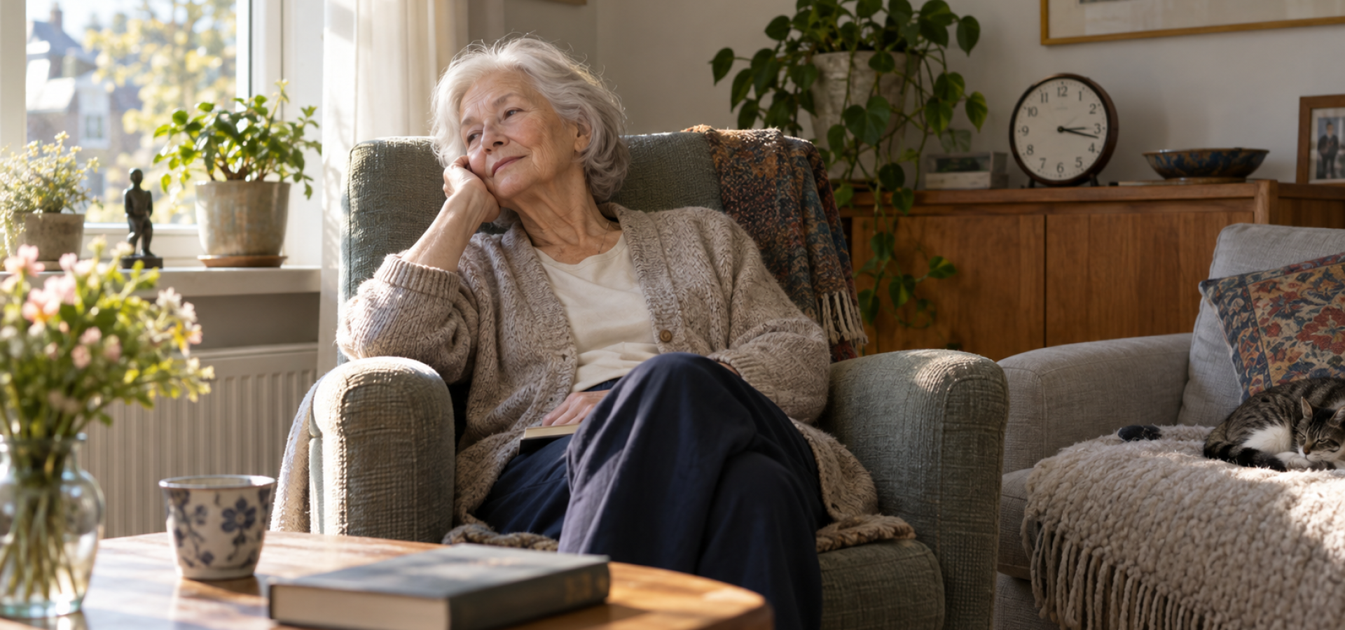 Oudere vrouw rust overdag in een zonnige woonkamer bij een klok.